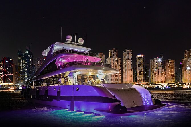 Dubai Harbour Super Yacht Experience with gourmet & Drinks - The yacht, decks, and onboard mood