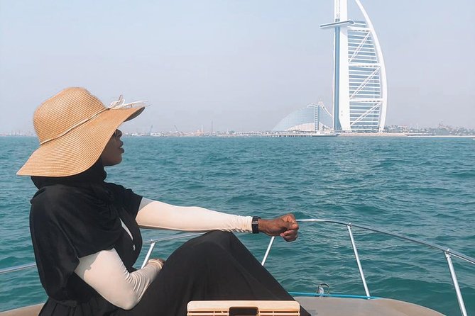 Dubai Yacht Sea escape Cruise, Swim, Tan & Sightsee! - Atlantis and Burj Al Arab from offshore