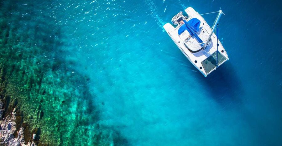 From Ornos: Mykonos Delos Catamaran Cruise with Meal & SUP - Rhenia Island and the main swim stop