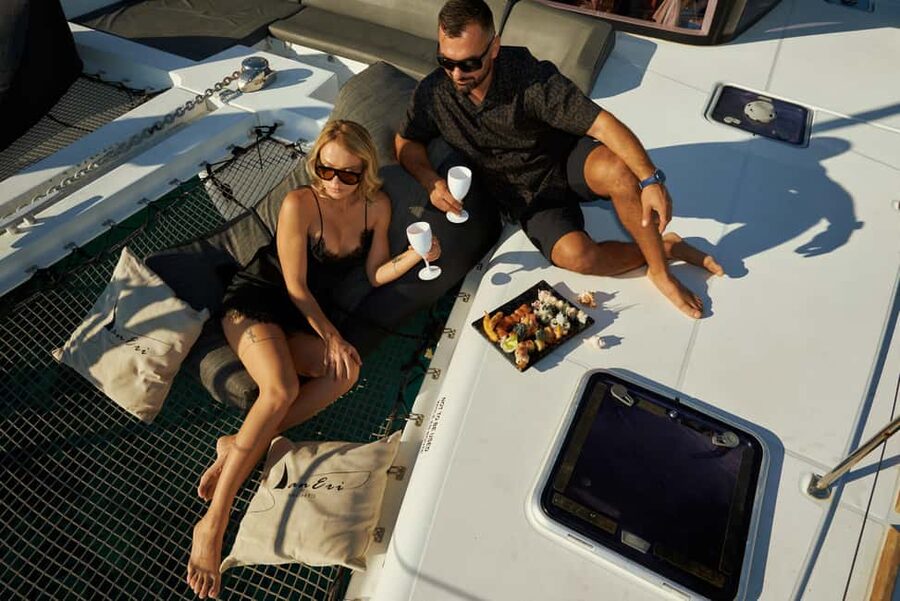 Kissamos: Catamaran Balos Sunset Cruise with Sushi & Drinks - Food and drinks without the usual boat-day fuss