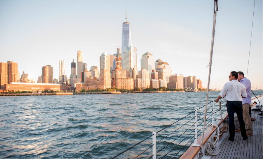 NYC: Statue of Liberty Cruise aboard a Classic Sailboat - The Hudson skyline from One World to Battery Park