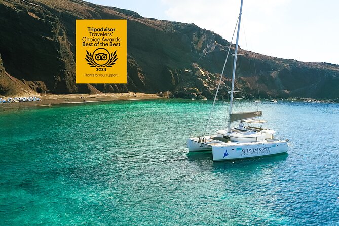 Premium Small-Group Catamaran Cruise with BBQ, Open Bar, Transfer - Santorini from the sea, not the postcard ledge