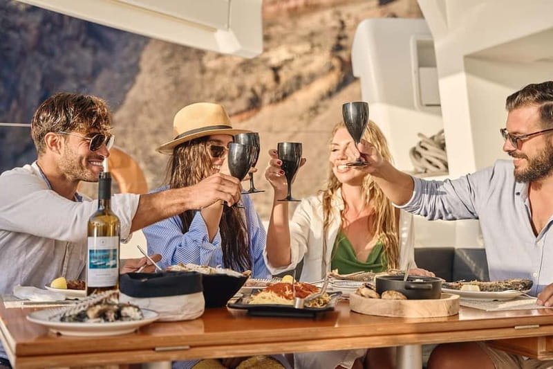 Santorini: Caldera Classic Catamaran Cruise w/ Meal & Drinks - A five-hour view of Santorini from the sea