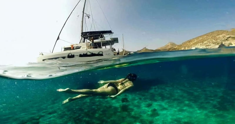 Santorini: Catamaran Cruise with Fresh Meal & Open Bar - A five-hour view of Santorini from the sea