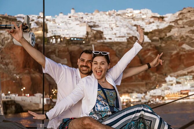 Santorini Catamaran Cruise with Greek Meal, Open-Bar and Sunset - Sailing Across Santorini’s Caldera