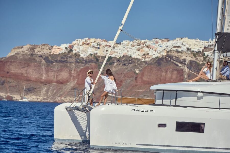 Santorini: Day Luxury Catamaran Cruise with Meal & Drinks - The First Swim Near Thirassia Island
