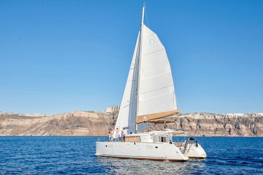 Santorini Gold Catamaran Cruise with Snorkel, BBQ & Open Bar - Mesa Pigadia and the BBQ meal