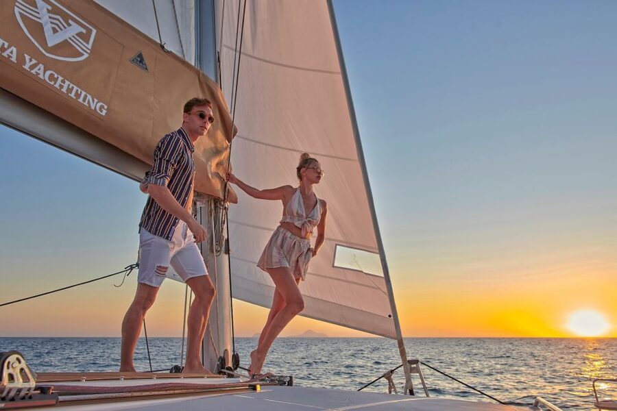 Santorini Gold Catamaran Cruise with Snorkel, BBQ & Open Bar - Choosing the sunset departure