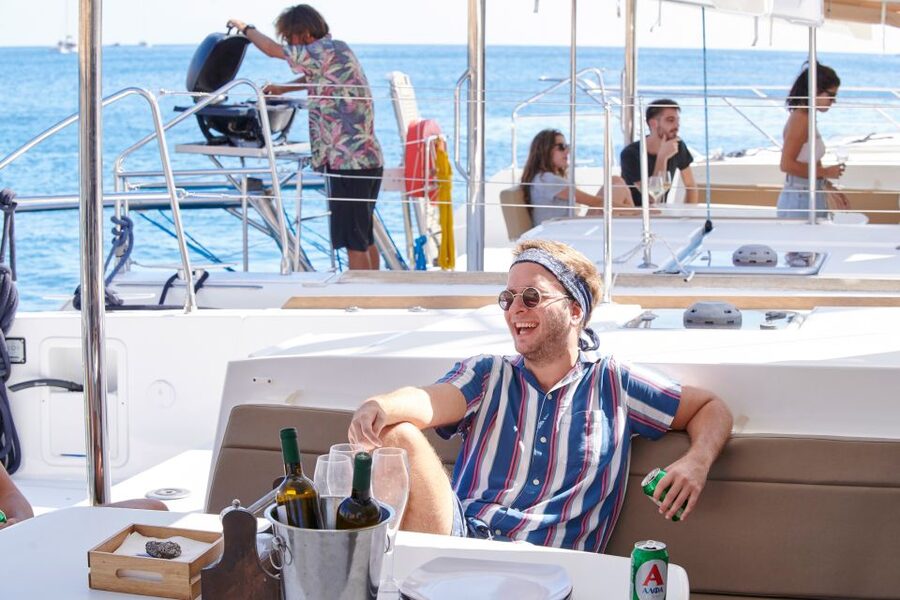 Santorini: Platinum Catamaran Cruise w/ BBQ Meal & Open Bar - Akrotiri lighthouse and the caldera