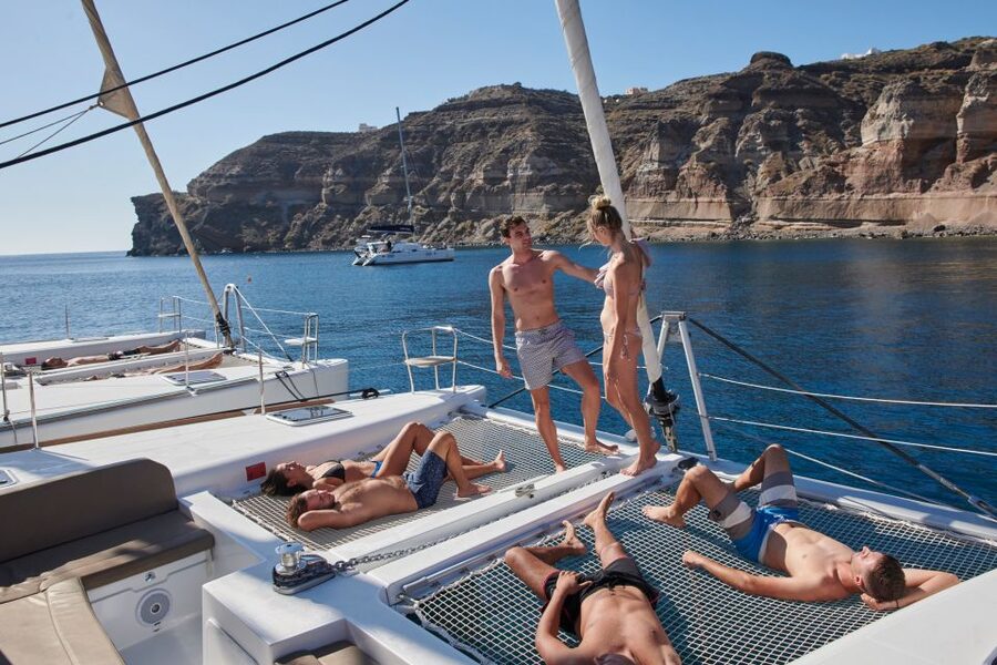 Santorini: Platinum Catamaran Cruise w/ BBQ Meal & Open Bar - Swimming at the Palea Kameni hot springs