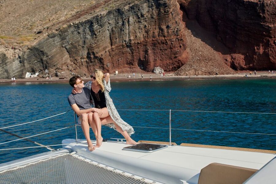 Santorini: Platinum Catamaran Cruise w/ BBQ Meal & Open Bar - Thirasia, lunch, and the best swim stop