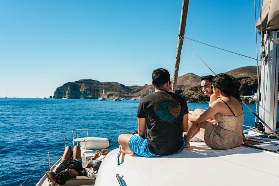 Santorini: Sailing Catamaran Cruise with BBQ and Drinks - Mesa Pigadia, BBQ, and the longest stop