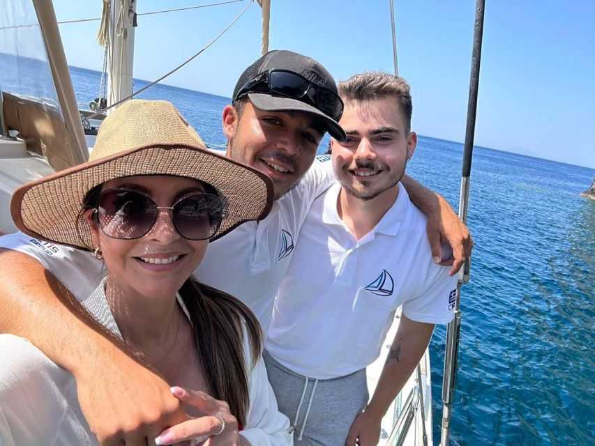 Santorini: Sunset Sailing Cruise, with Dinner and Drinks - Mesa Pigadia combines the final swim and the meal